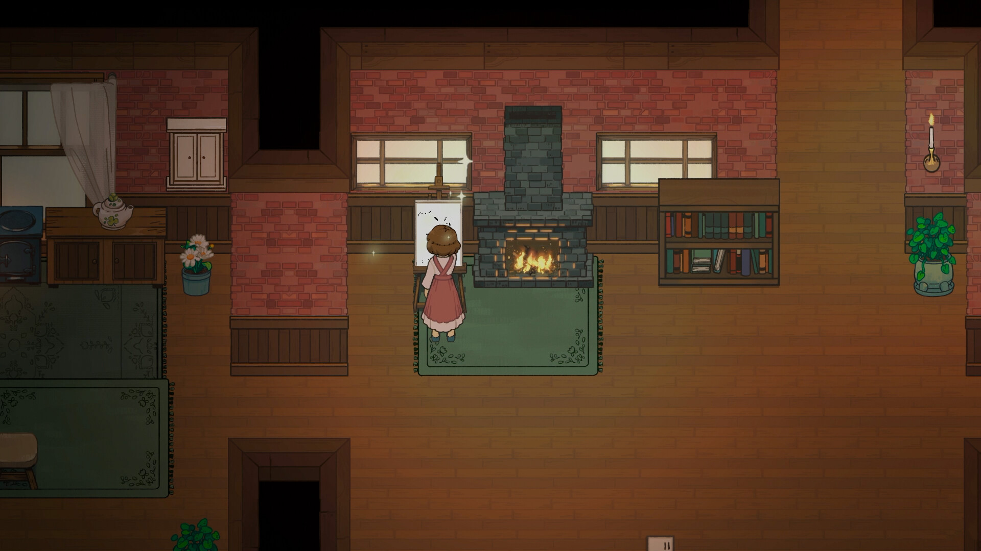 Painting beside the fireplace inside a furnished cottage