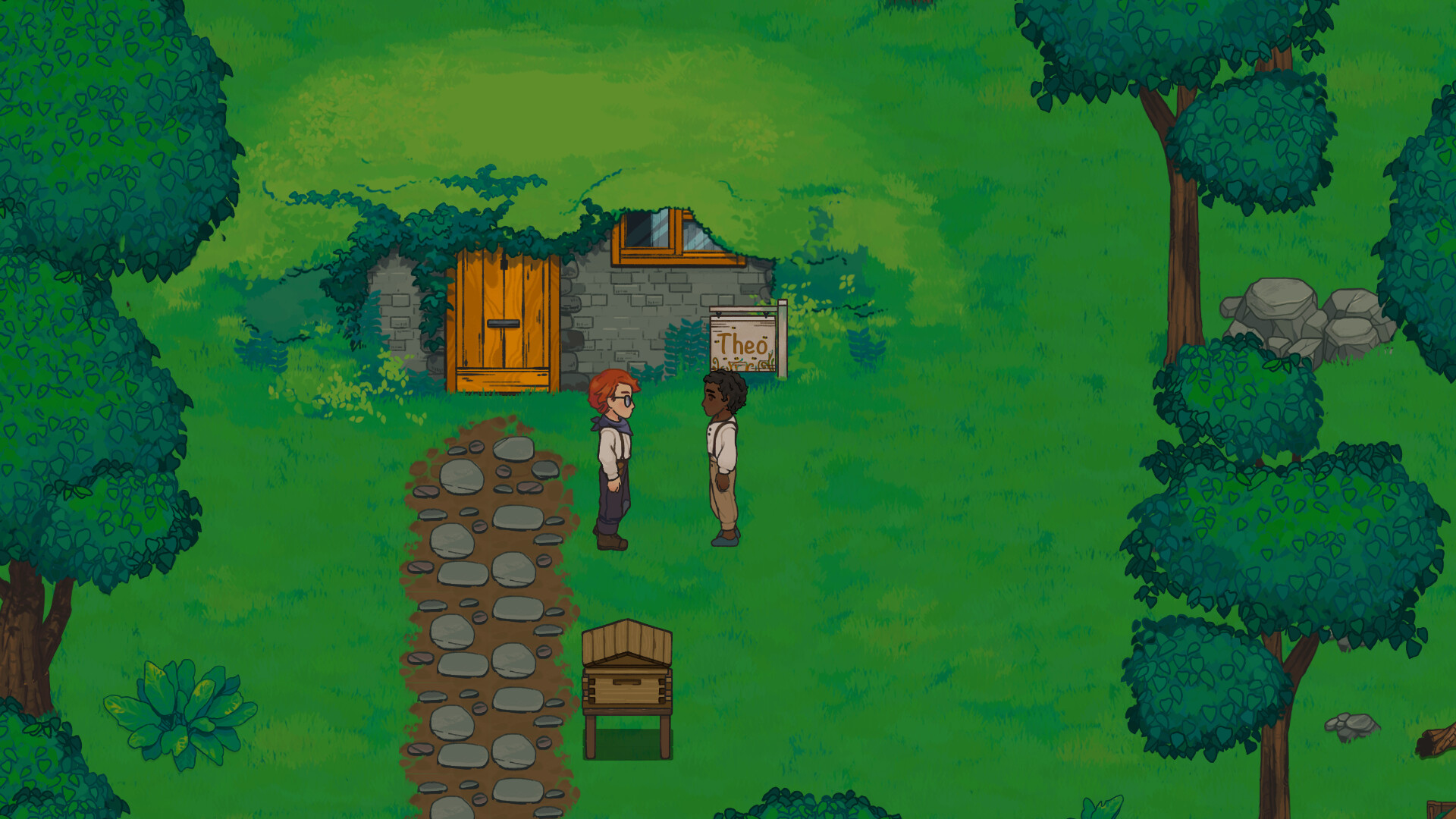 Two villagers chatting beside an ivy-covered woodland cottage in summer